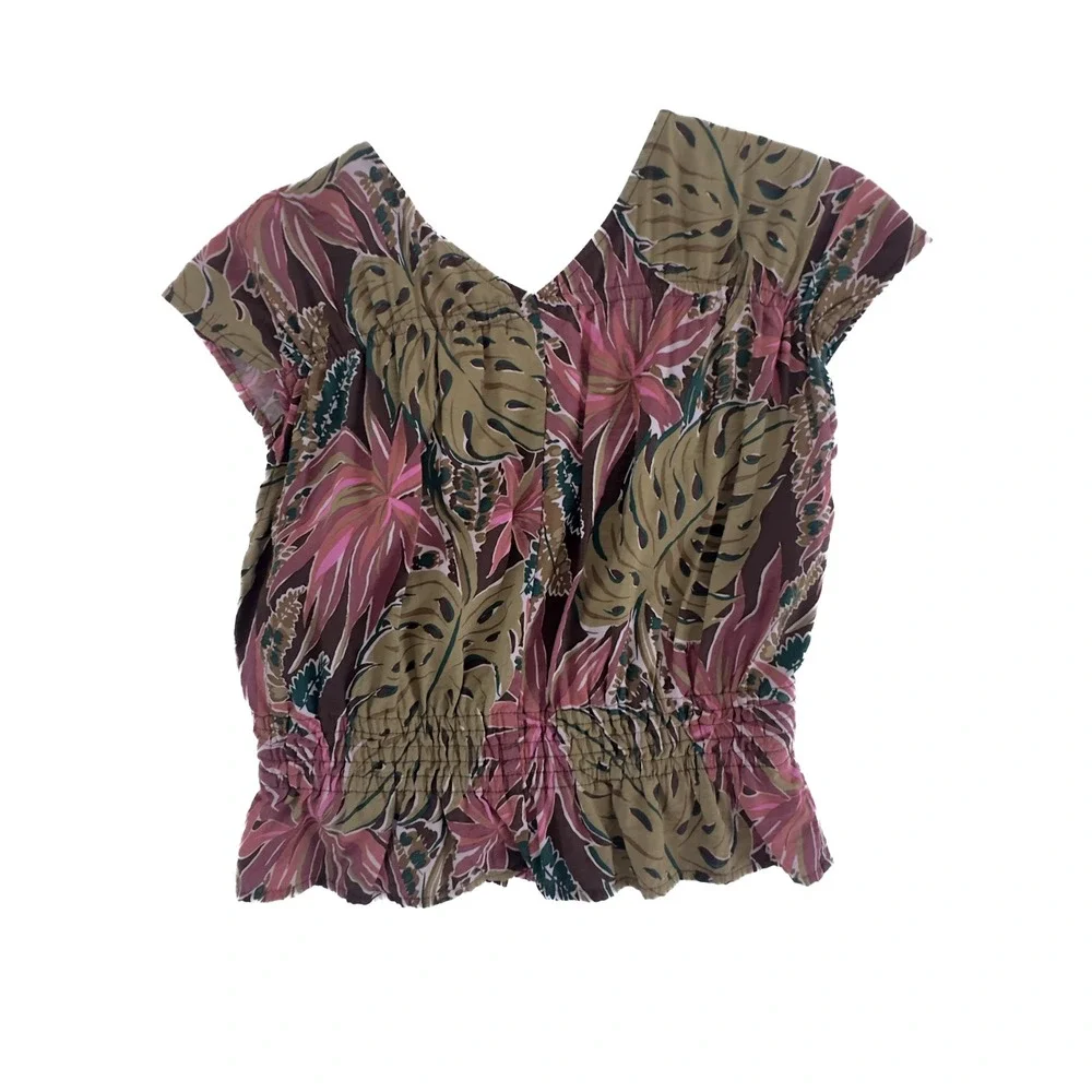 Madewell Tropical Shirred Cap-Sleeve‎ Top in Brushstroke Monstera Top - Size M
